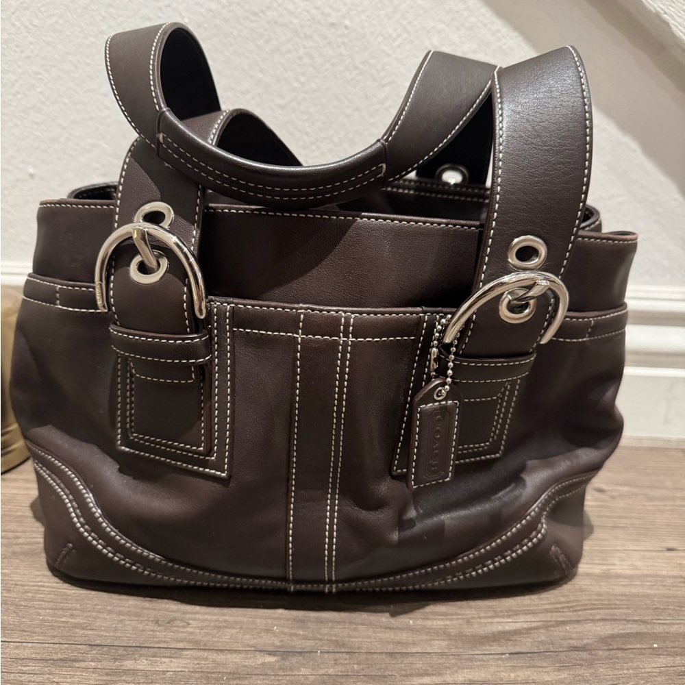 Coach Dark Brown Leather Bag with Silver Accents
